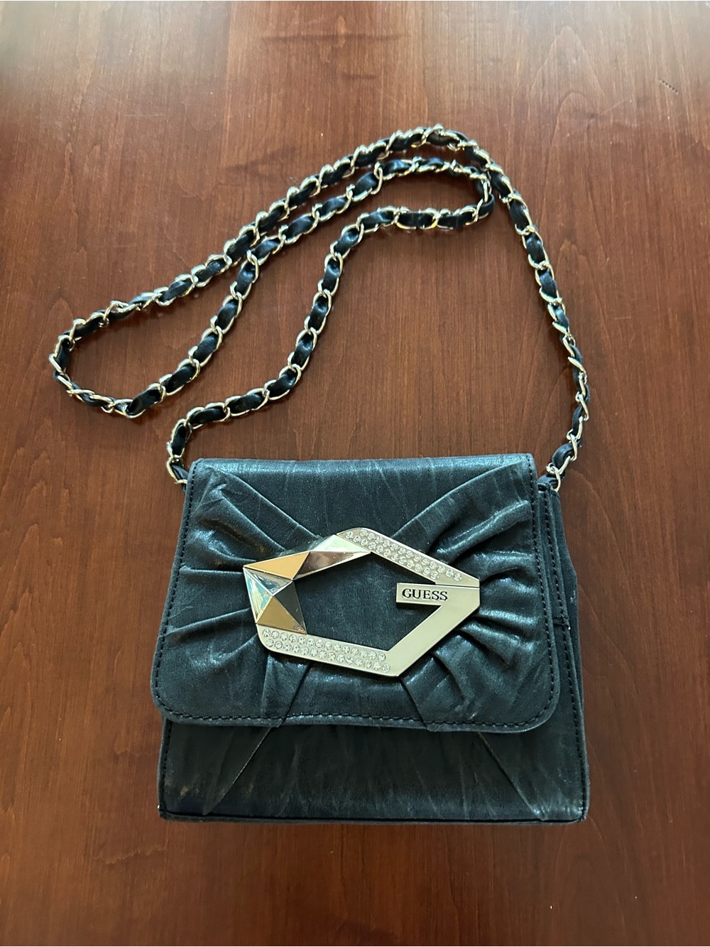 GUESS Black Satin Crossbody with Gold-Tone Chain and Geometric Buckle